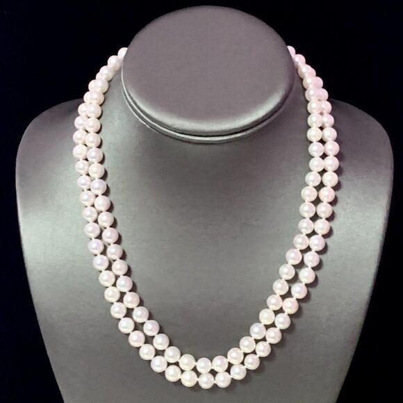 Diamond Akoya Pearl 2-Strand Necklace 14k Gold 18" 7.5mm Certified $9,750 116393 - Picture 10 of 11